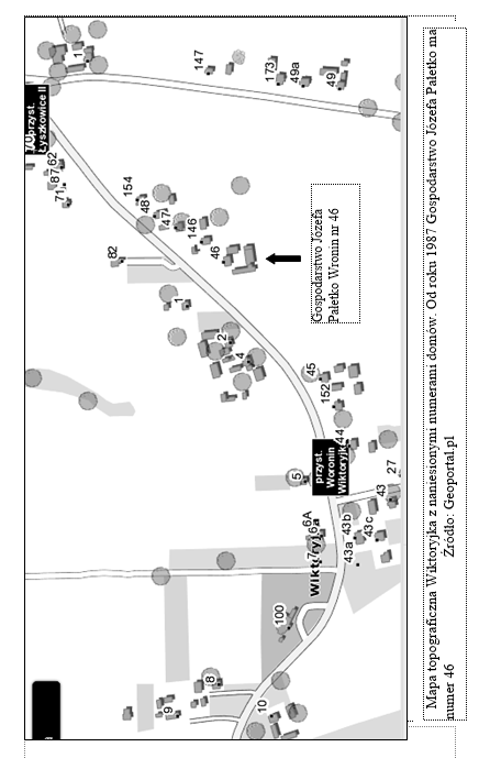 Pole tekstowe:    Mapa topograficzna Wiktoryjka z naniesionymi numerami domów. Od roku 1987 Gospodarstwo Józefa Pałetko ma numer 46                             Źródło: Geoportal.pl 